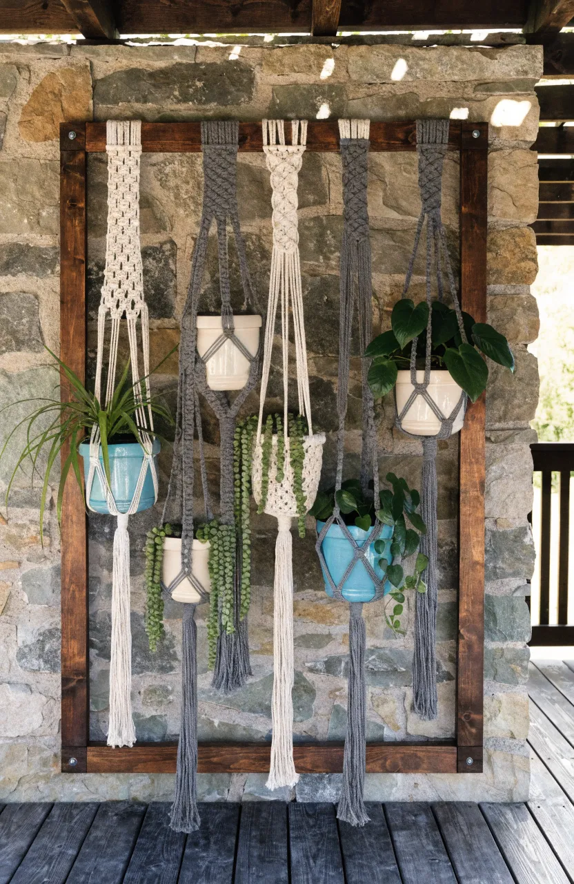 Intricate macrame plant holders hanging from a wooden frame on a stone patio wall.