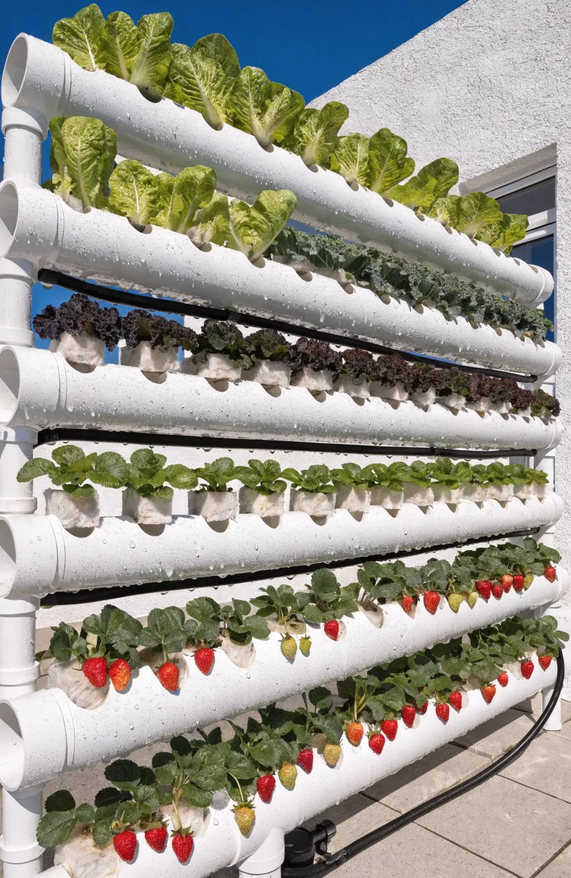 A vertical hydroponic system made of white PVC pipes growing lettuce and strawberries on a wall.