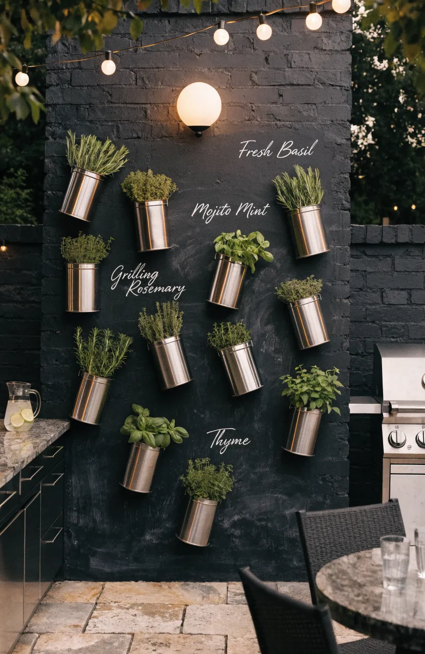 A chalkboard wall with magnetic metal tins holding herbs and handwritten chalk labels.