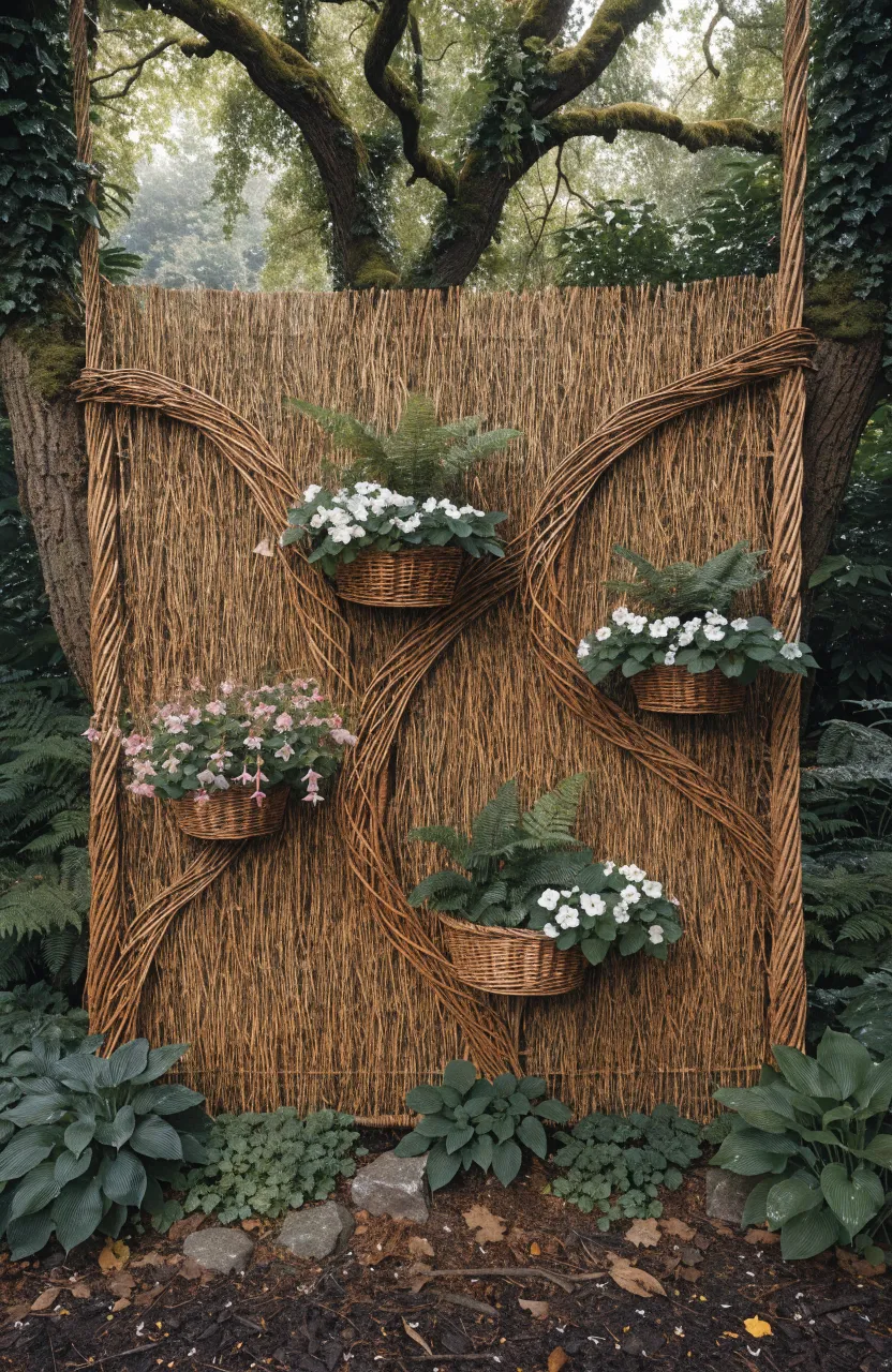 A rustic woven willow screen with integrated baskets holding ferns and flowers in a garden.