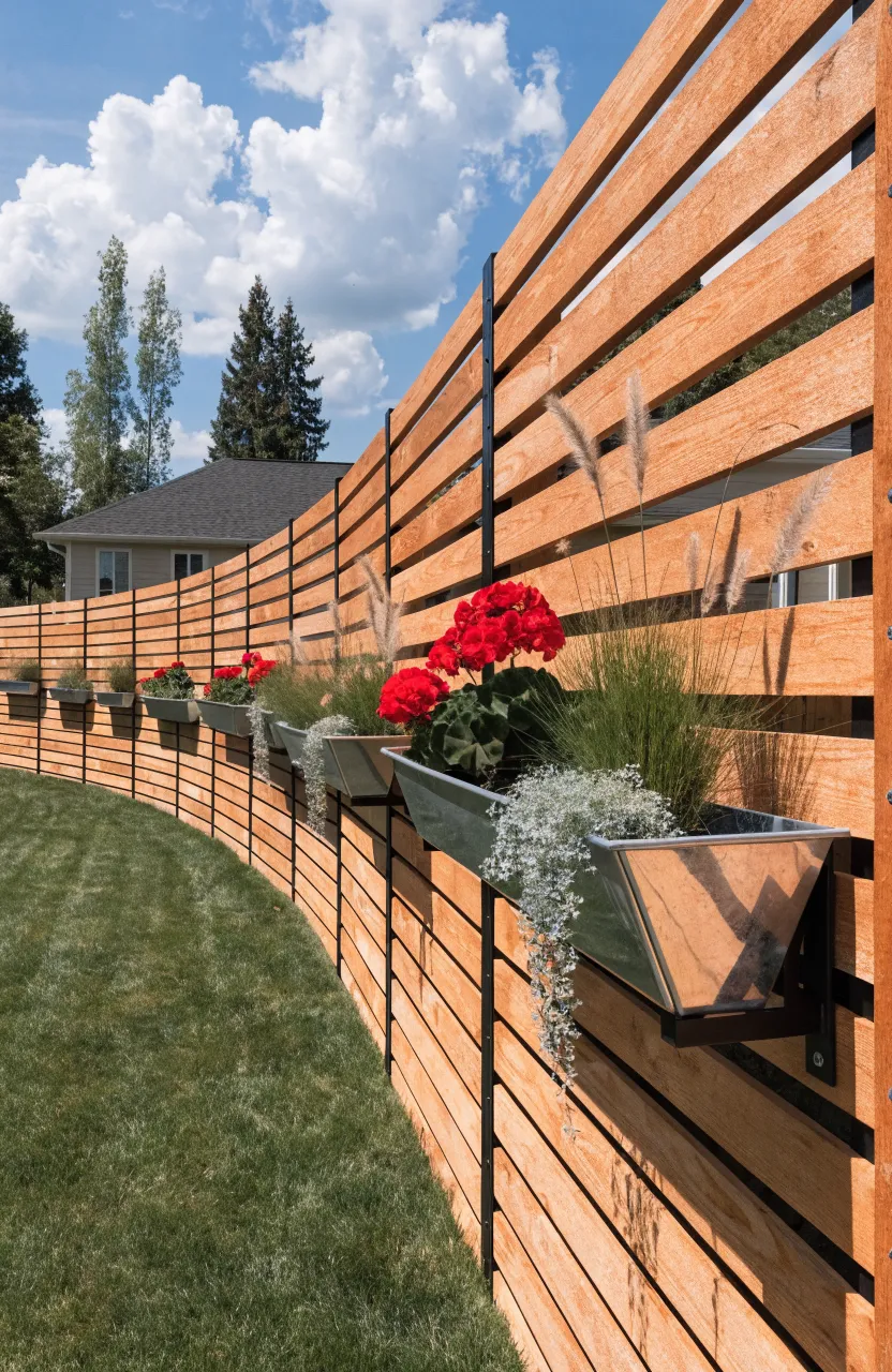 A modern horizontal wood slat fence featuring silver metal trough planters with colorful flowers.