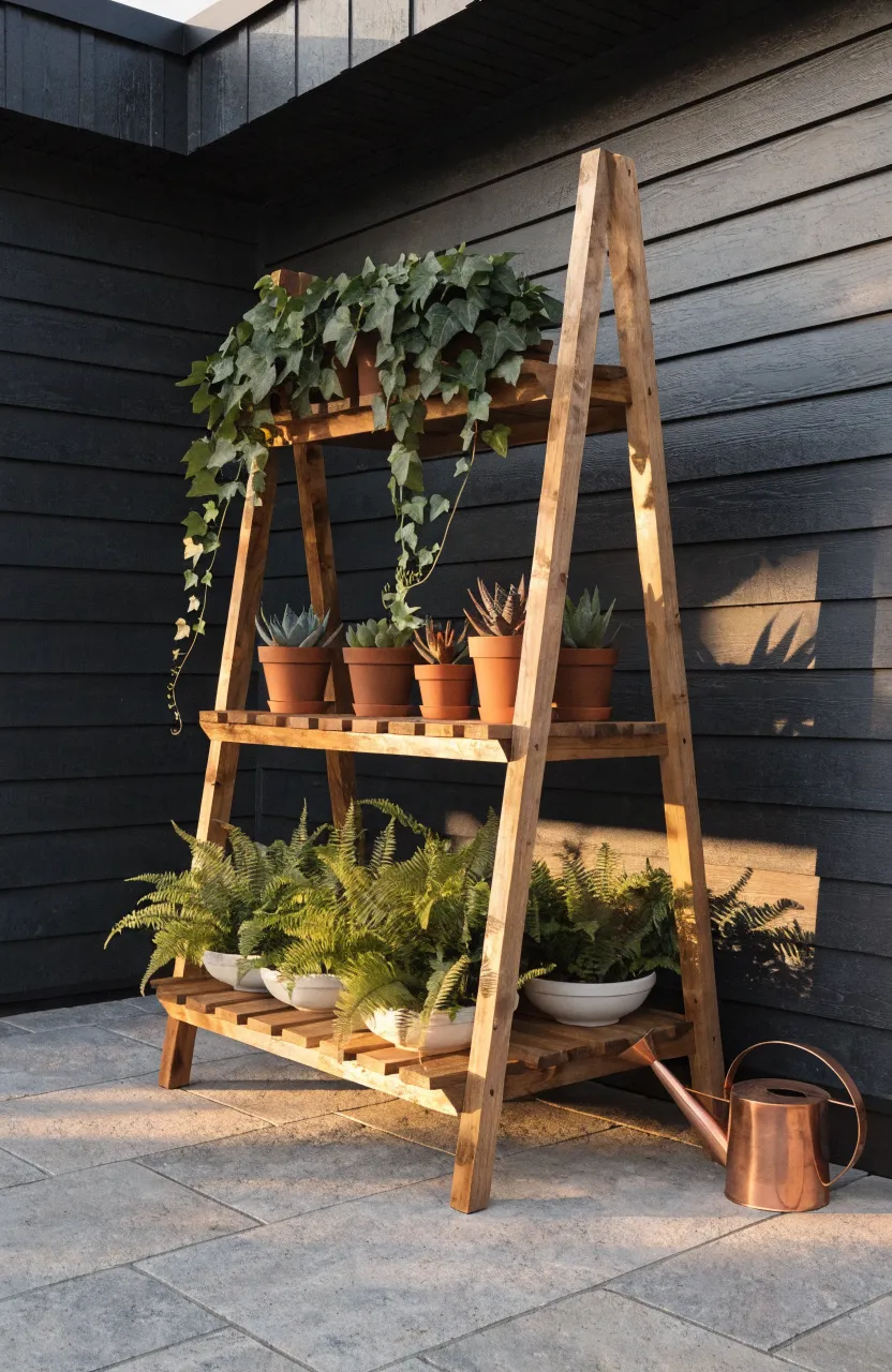 A three-tiered wooden A-frame plant stand with various potted greens against a dark patio wall.