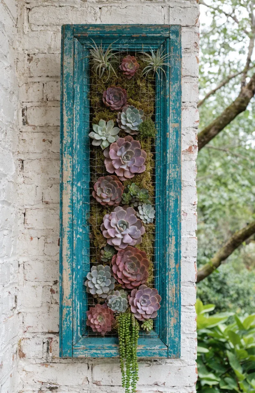 An antique window frame filled with chicken wire, moss, and colorful succulents on a brick wall.