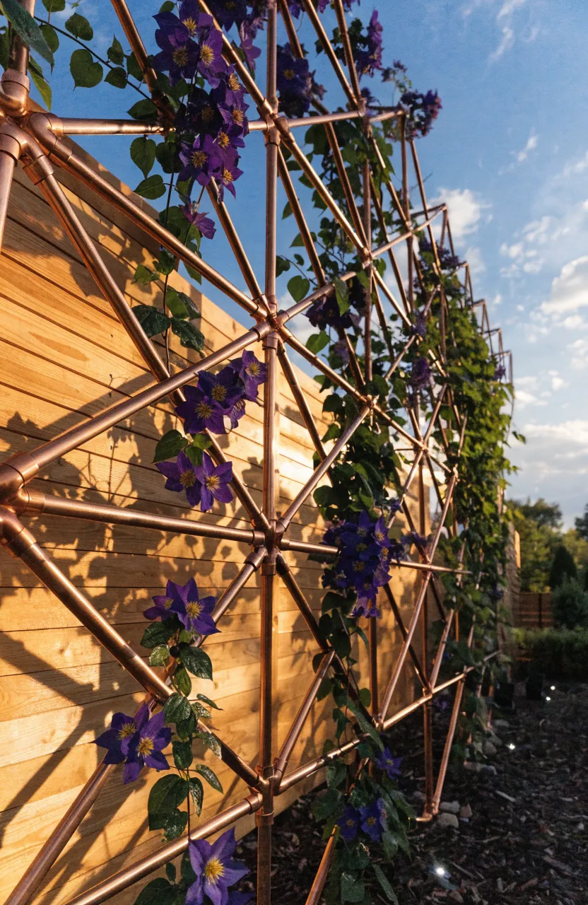A modern copper pipe trellis with purple clematis flowers climbing up a wooden backyard fence.