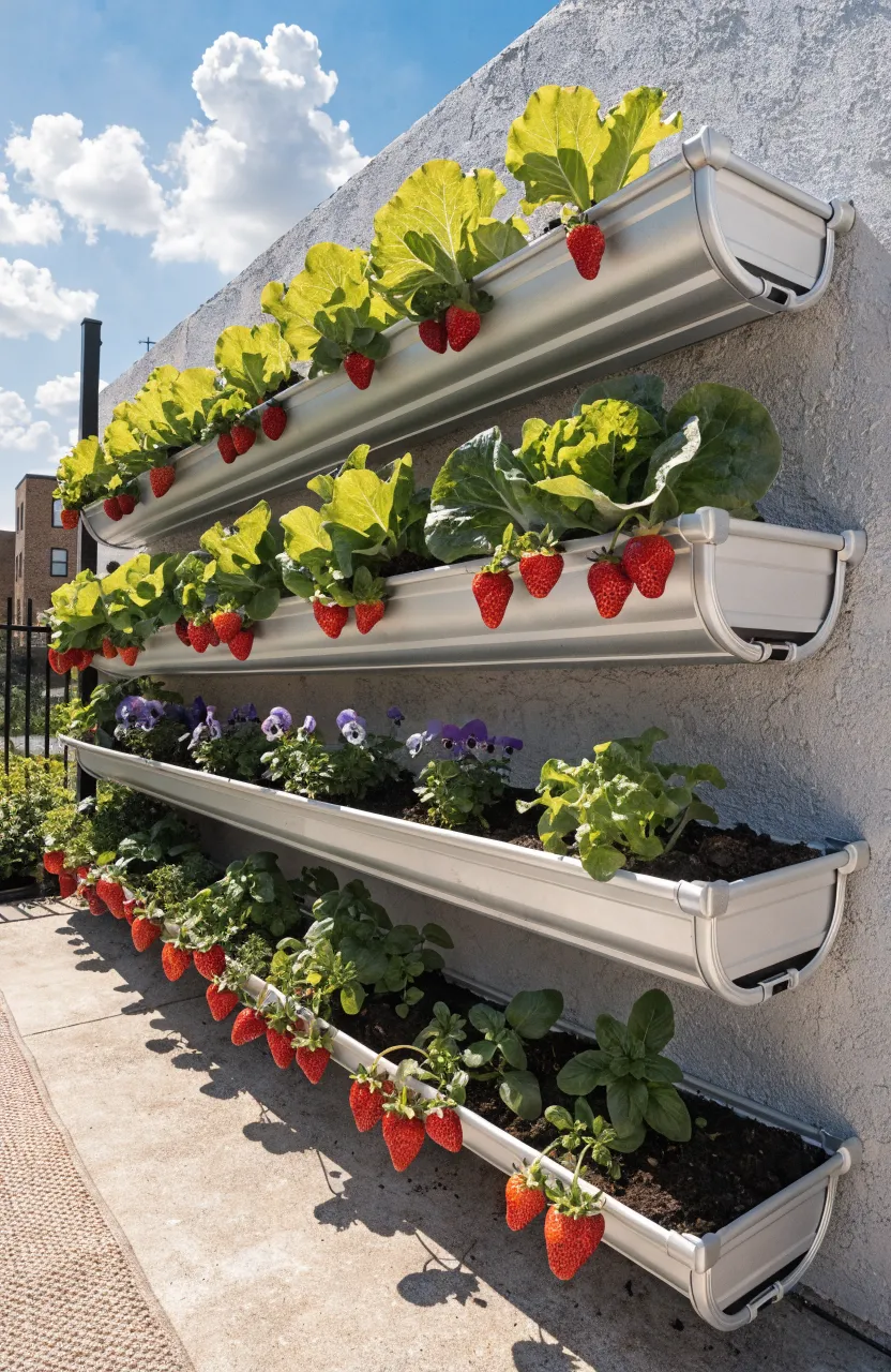 Parallel white rain gutters used as wall planters for strawberries and greens on a patio.