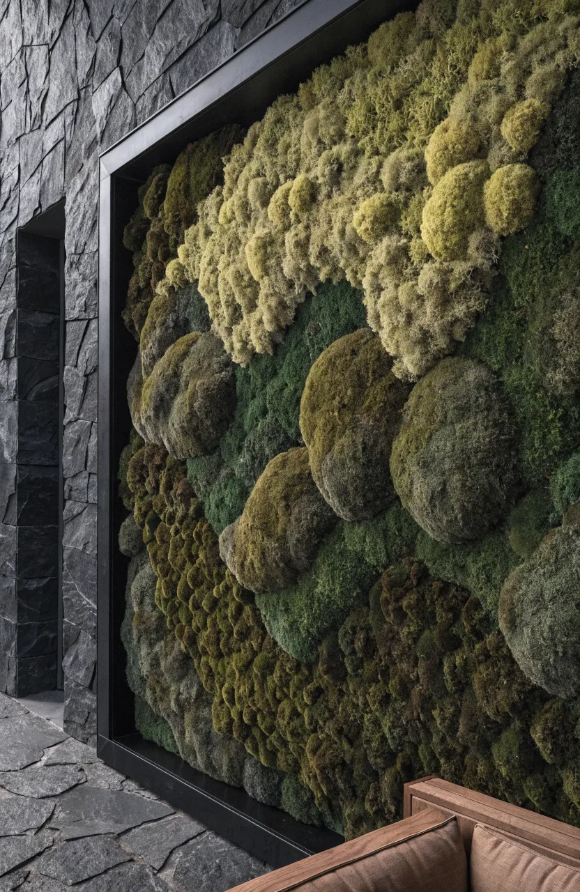 A lush green living moss wall inside a black shadow box frame mounted on a slate patio wall.