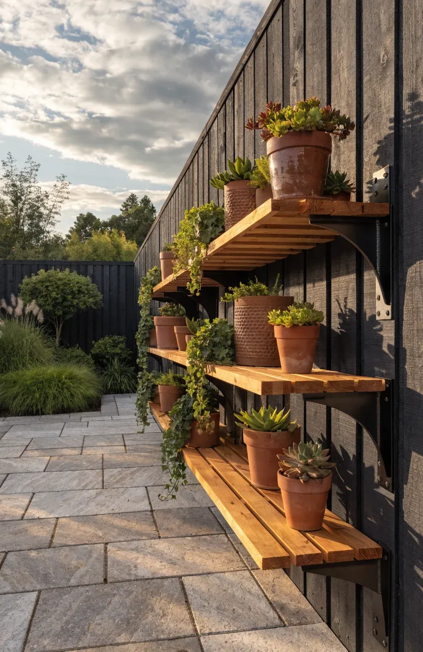 Slatted cedar floating shelves mounted on a dark fence holding various potted succulents in a sunny garden.
