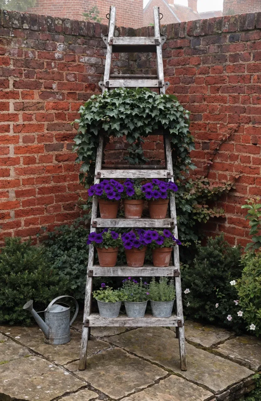 A weathered wooden ladder leaning against a brick wall used as a shelf for various flowering plants.