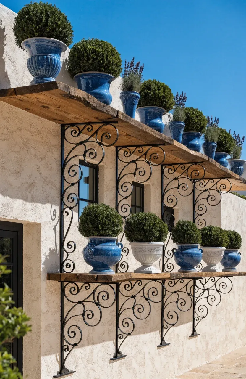 Ornate black iron brackets holding reclaimed wood shelves with blue and white ceramic plant pots.