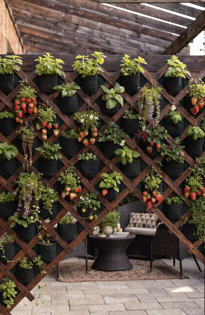 A wooden trellis screen with black fabric pockets overflowing with green herbs and strawberry plants.