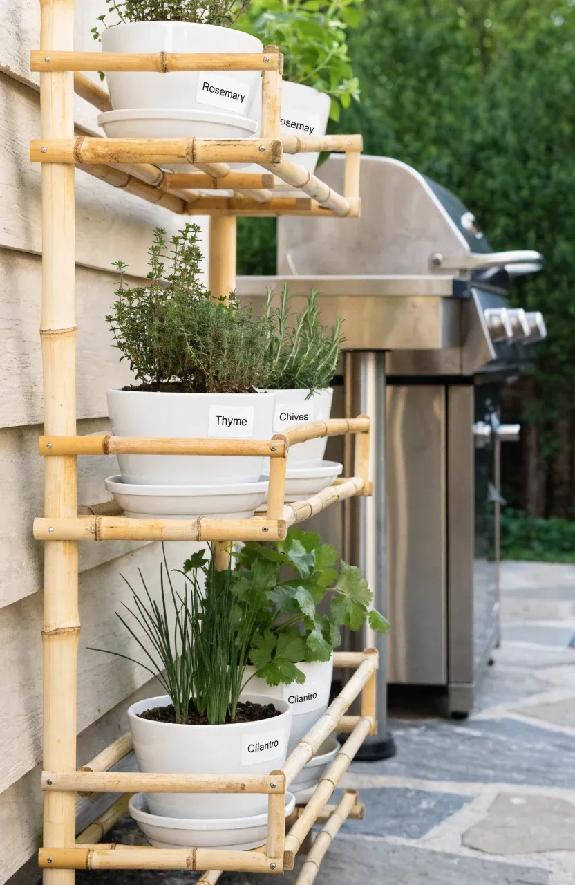 Tiered bamboo racks holding small white pots of fresh herbs on a light wood wall.