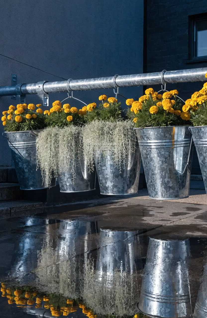 Galvanized metal buckets hanging from a steel rail on a grey wall, filled with green and yellow plants.