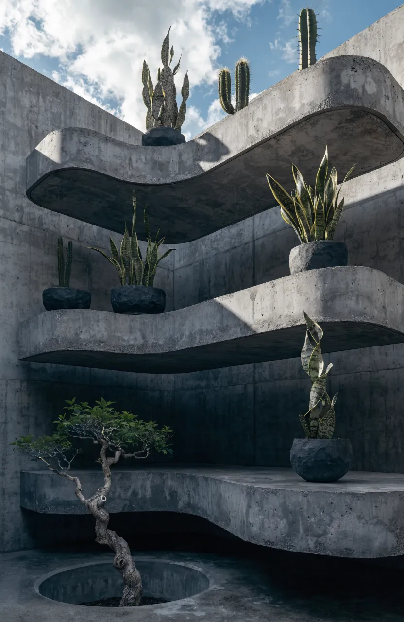 Minimalist floating concrete shelves on a concrete wall holding architectural cacti and snake plants.