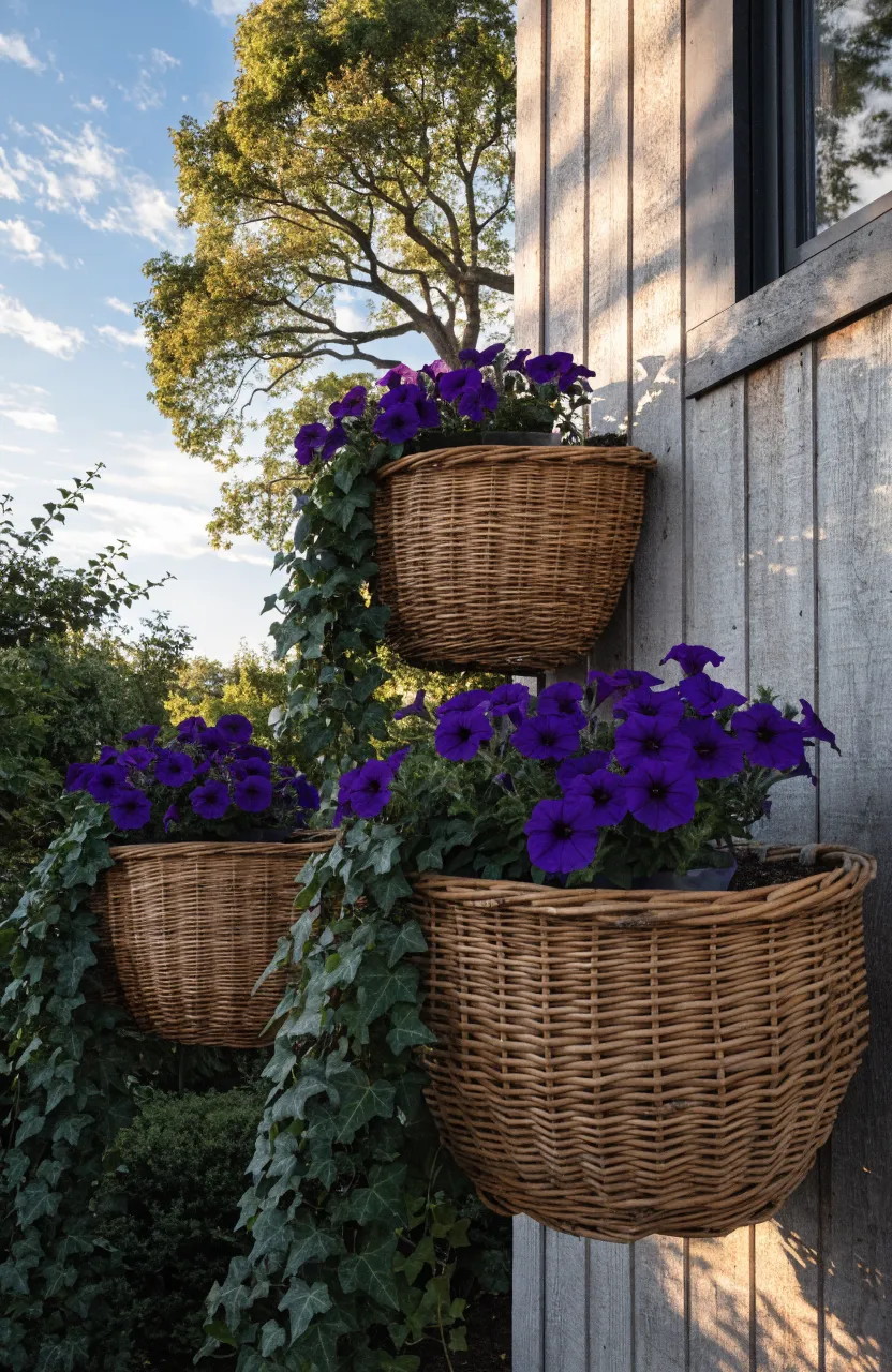 Three wicker baskets mounted on a gray wooden wall filled with cascading ivy and purple flowers.
