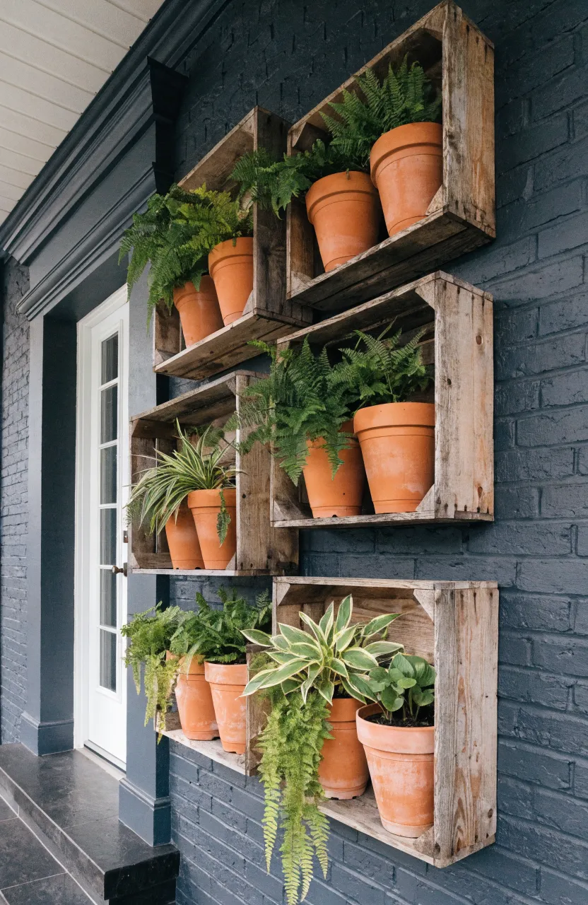 Vintage wooden crates arranged in a staggered pattern on a dark wall holding various potted plants.