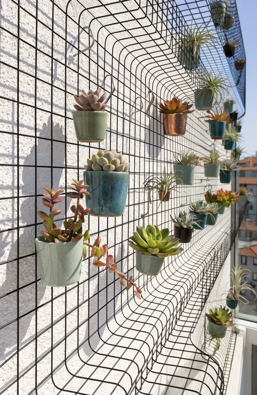 A black wire mesh grid on a white wall holding several small succulent pots with metal hooks.