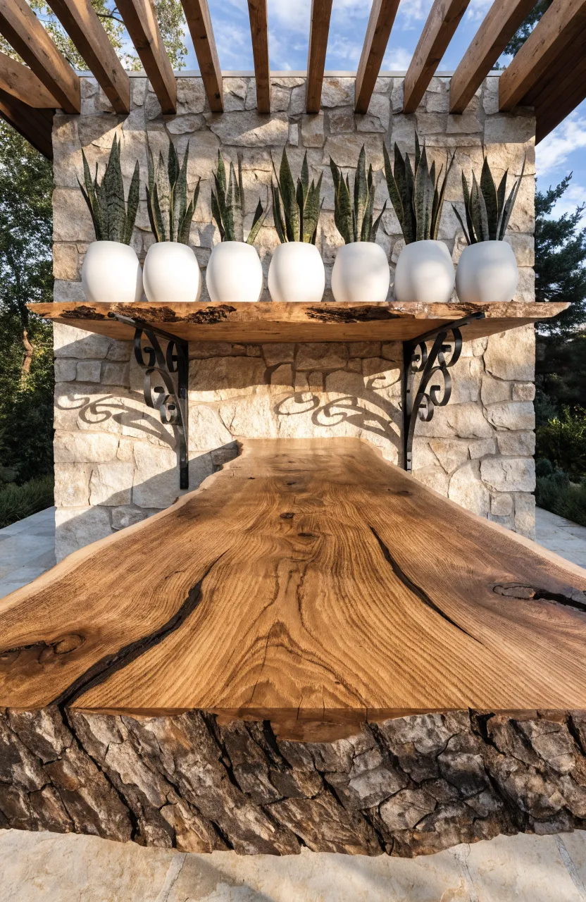 A long, thick live-edge wood shelf mounted on a stone wall holding a row of white potted plants.