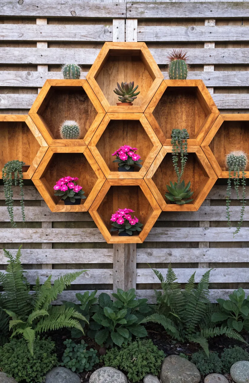 A cluster of wooden hexagon shelves arranged like a honeycomb on a fence, filled with small plants.