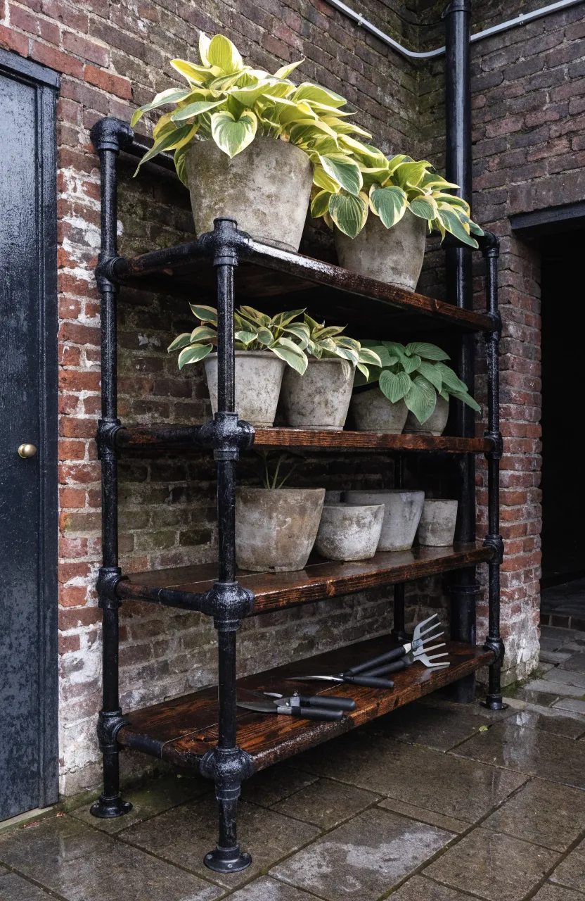 Sturdy black pipe shelving with thick wood boards mounted on a red brick wall holding heavy pots.