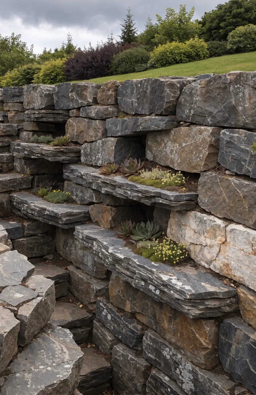 A stone retaining wall with flat rocks sticking out to form natural shelves for moss and small plants.