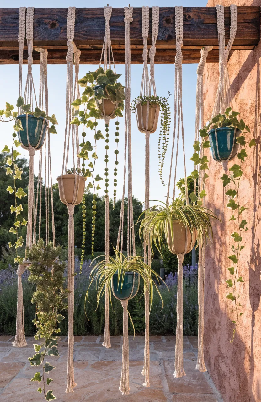 Macrame plant hangers with trailing greenery suspended from a wooden beam on a sunny patio.