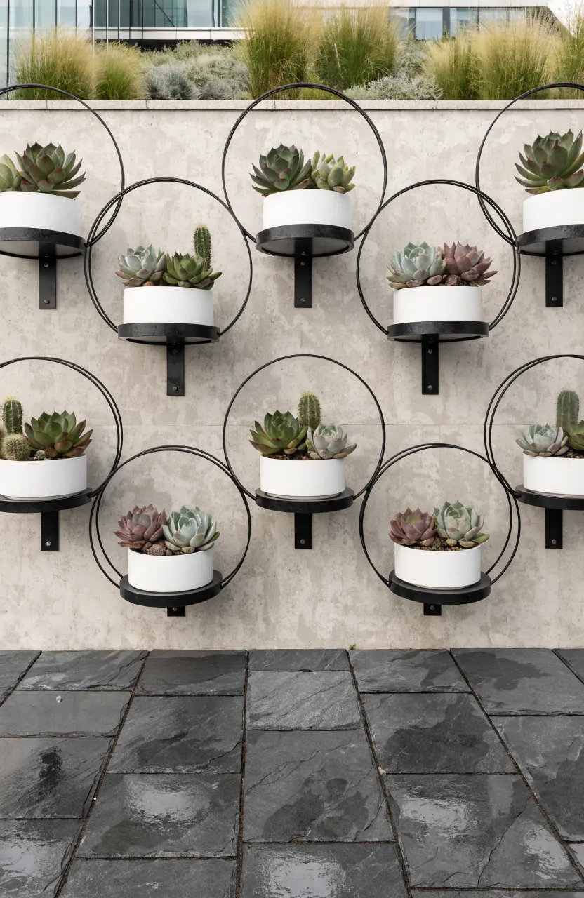 Modern circular black metal hoop shelves with white succulent pots on a gray concrete wall.