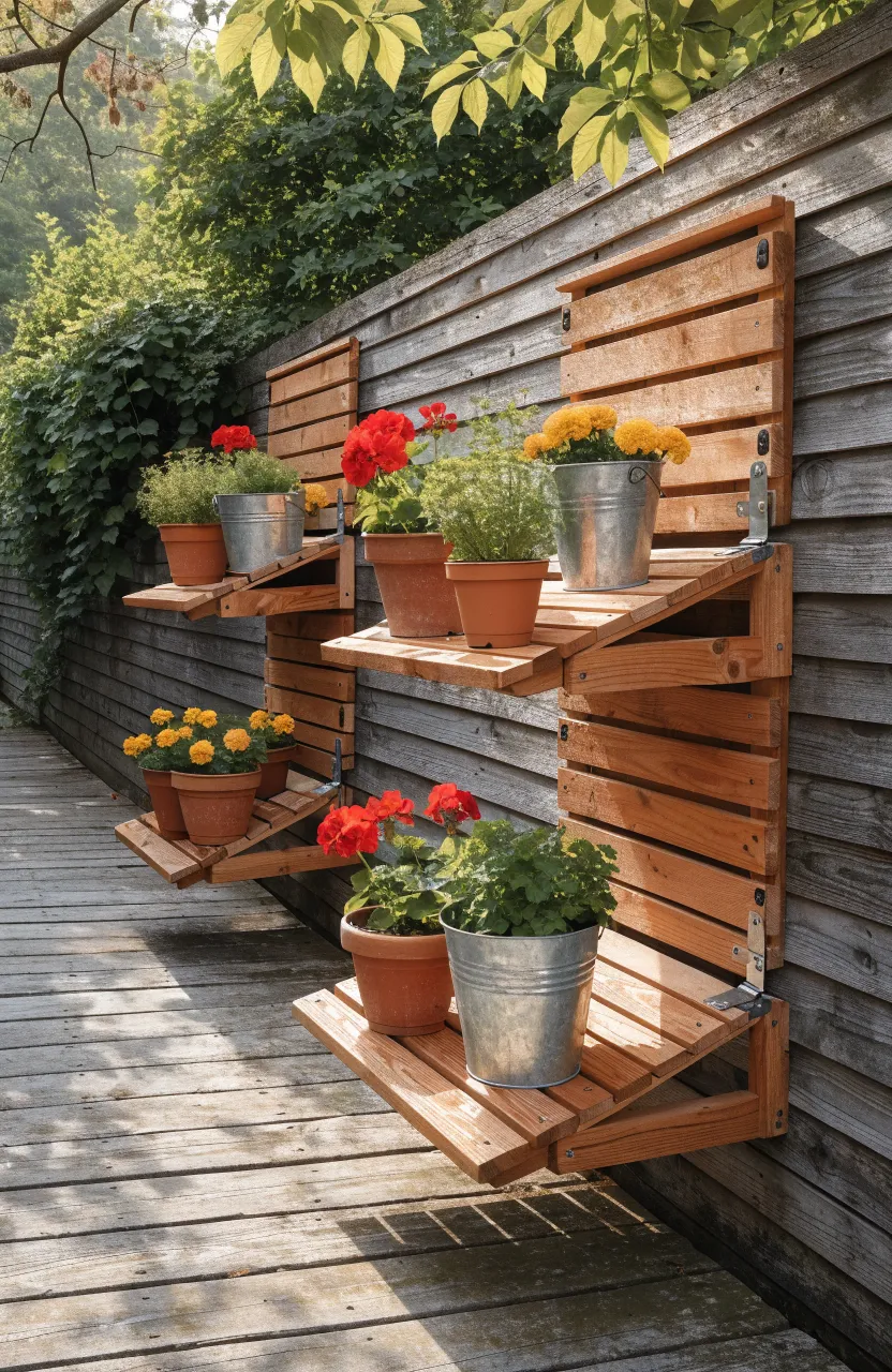 Fold-down cedar wood slat shelves mounted on a garden fence holding terracotta flower pots.