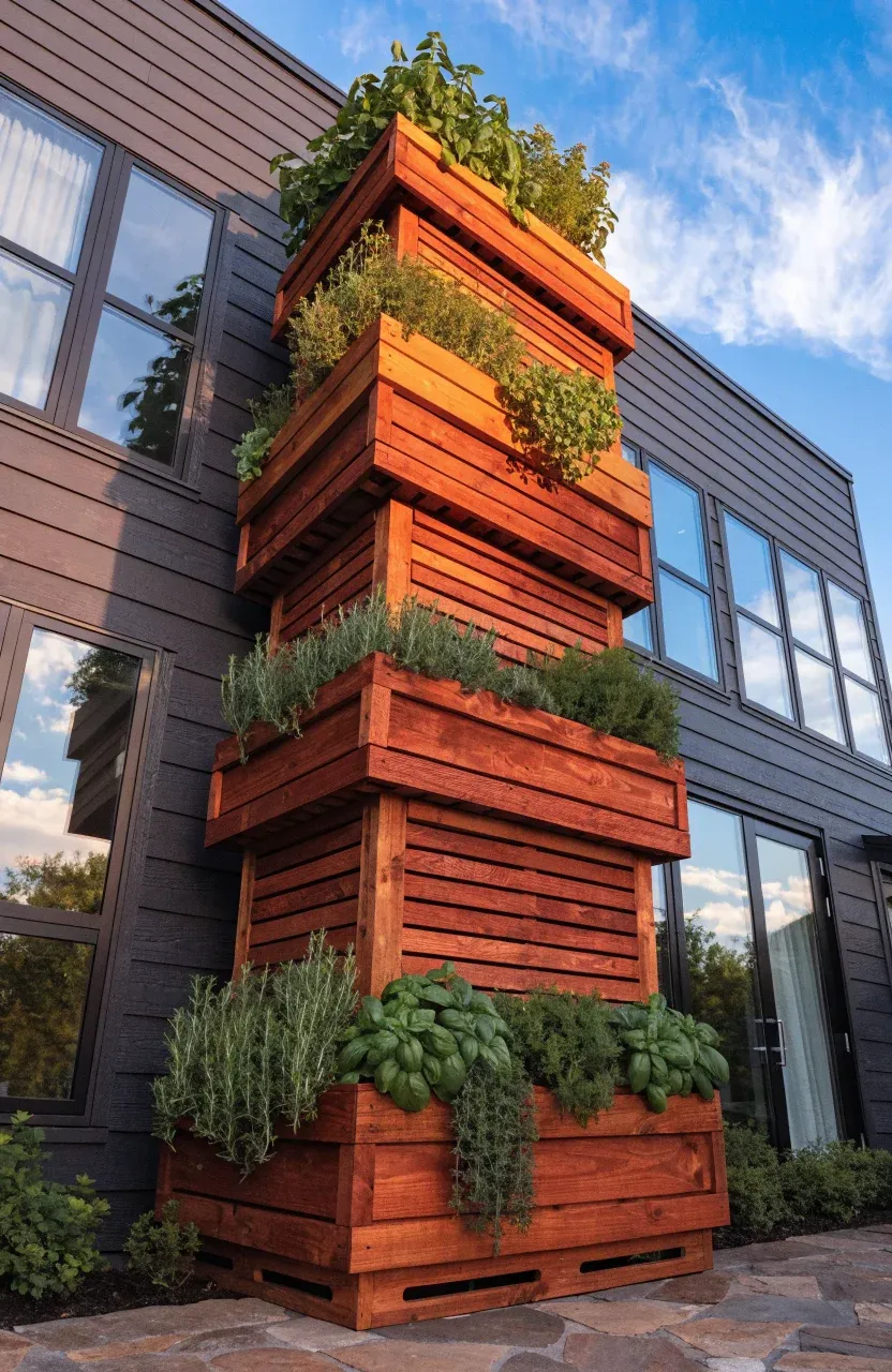 Vertical cedar planter boxes filled with fresh herbs mounted on a modern dark gray patio wall.