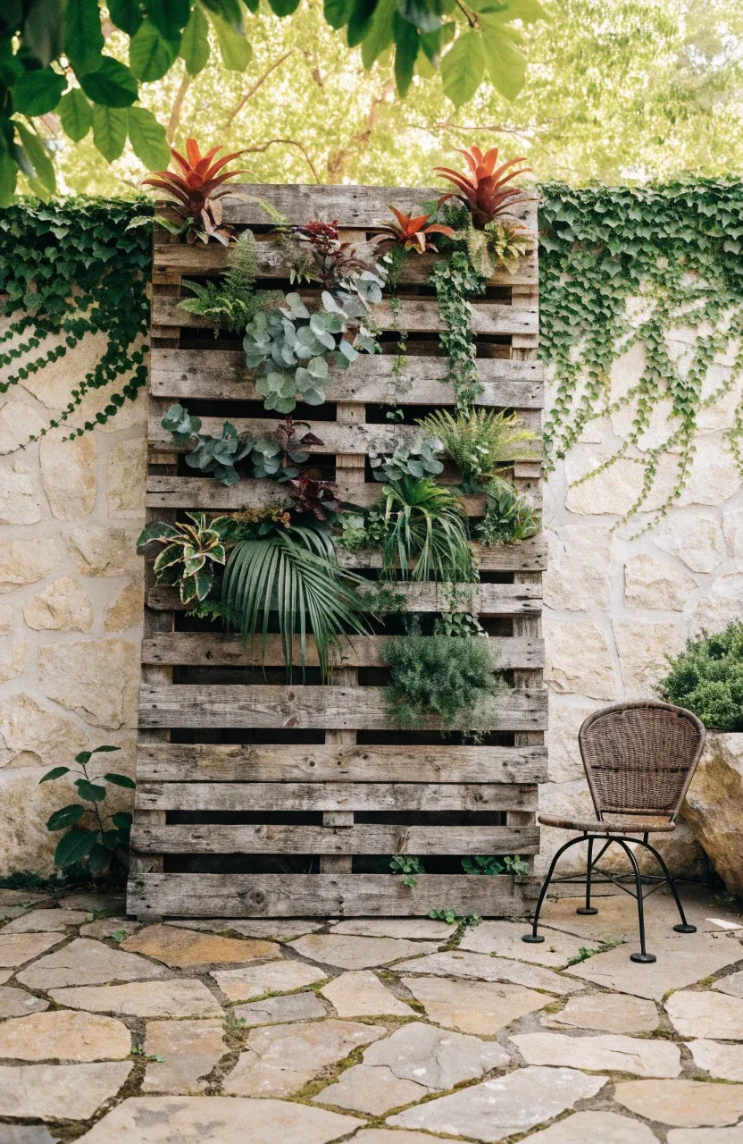 A rustic wooden pallet used as a vertical garden for leafy greens against a stone wall.