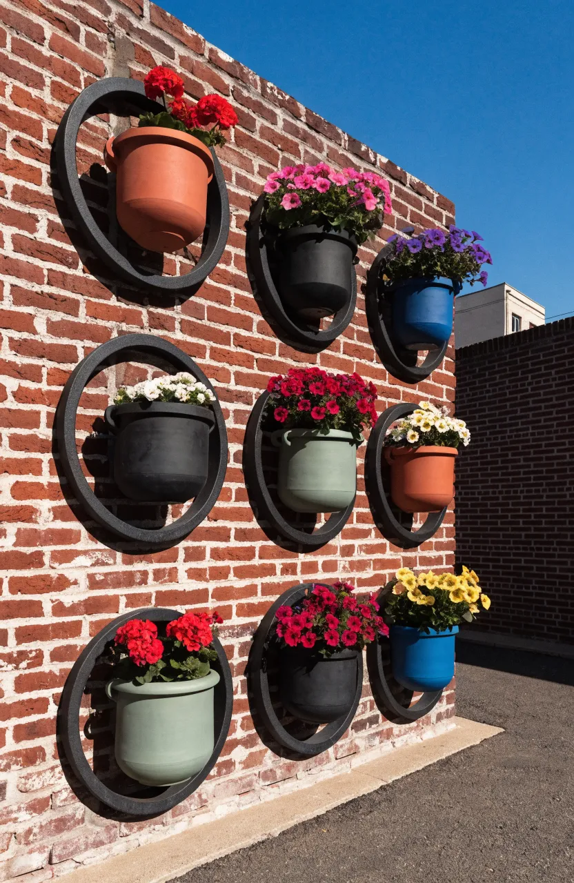 Colorful ceramic pots held by black metal rings mounted in a grid on a red brick wall.