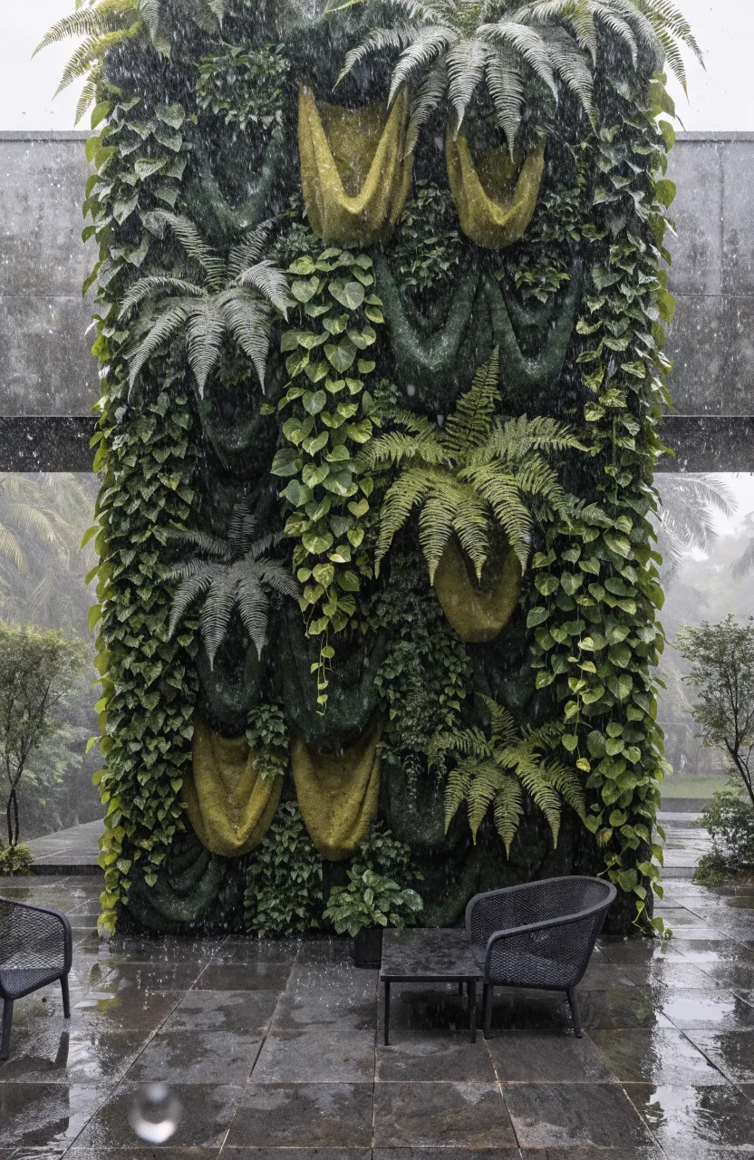 A large vertical living wall made of wool felt pockets overflowing with lush green ferns.