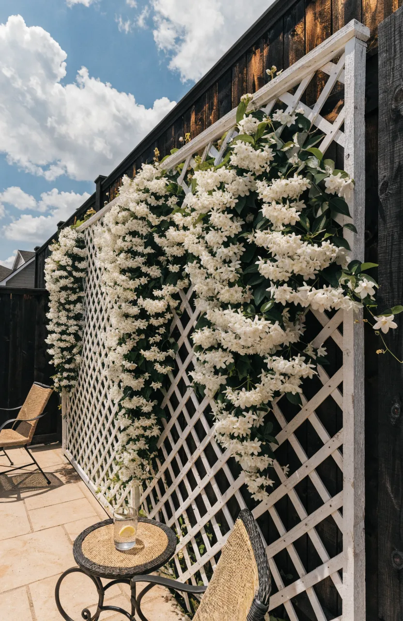White lattice trellis covered in blooming star jasmine vines against a wooden fence.