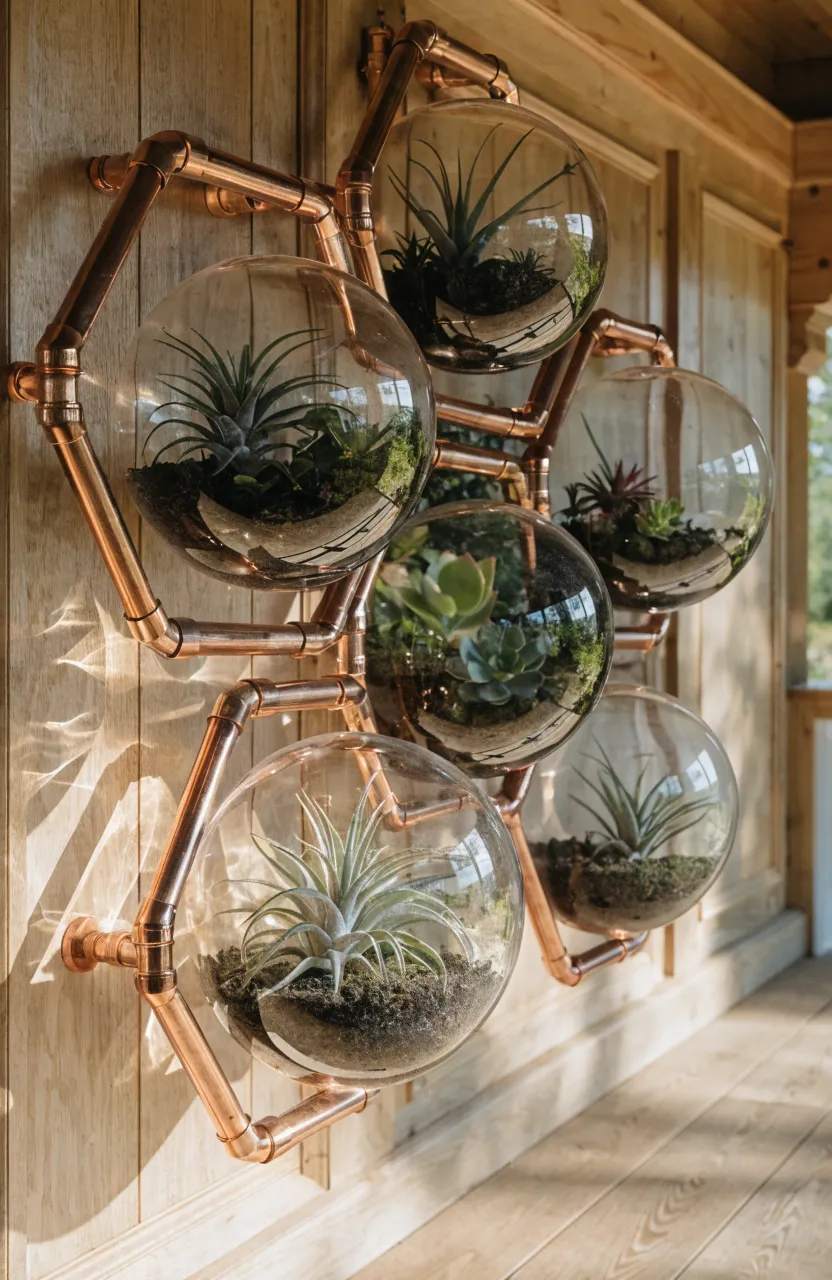 Hexagonal copper pipe frames holding air plants mounted on a light wood porch wall.