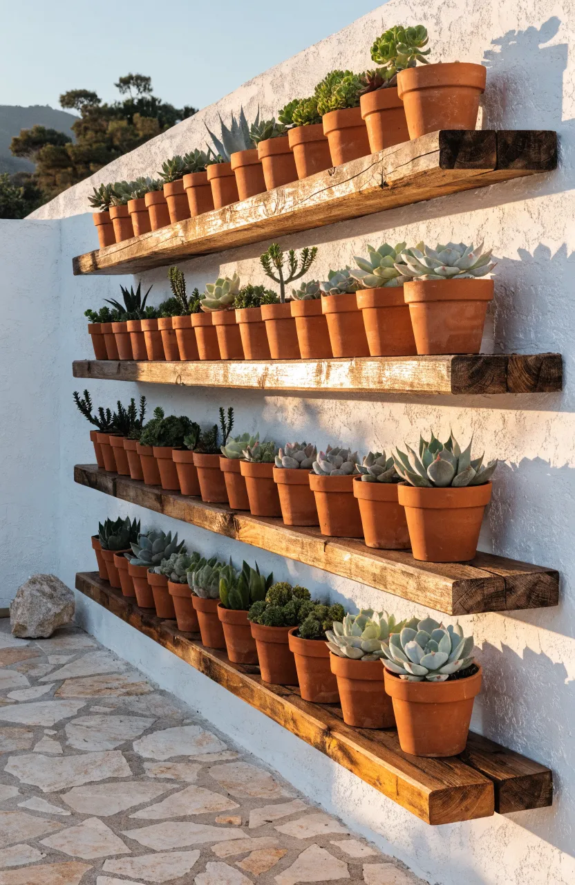 Staggered wooden floating shelves on a white wall holding rows of terracotta succulent pots.