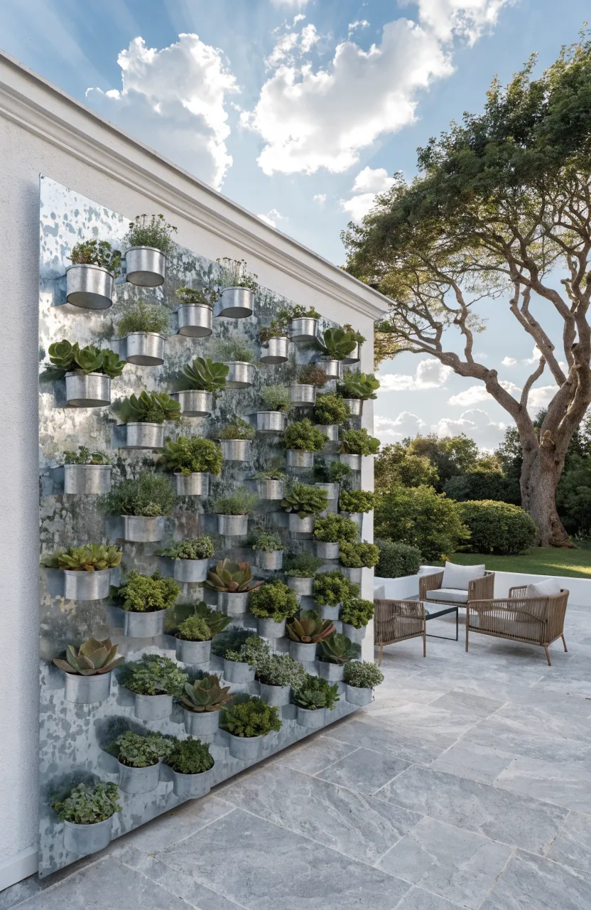 Small magnetic metal tins with succulents attached to a large steel sheet on a white patio wall.