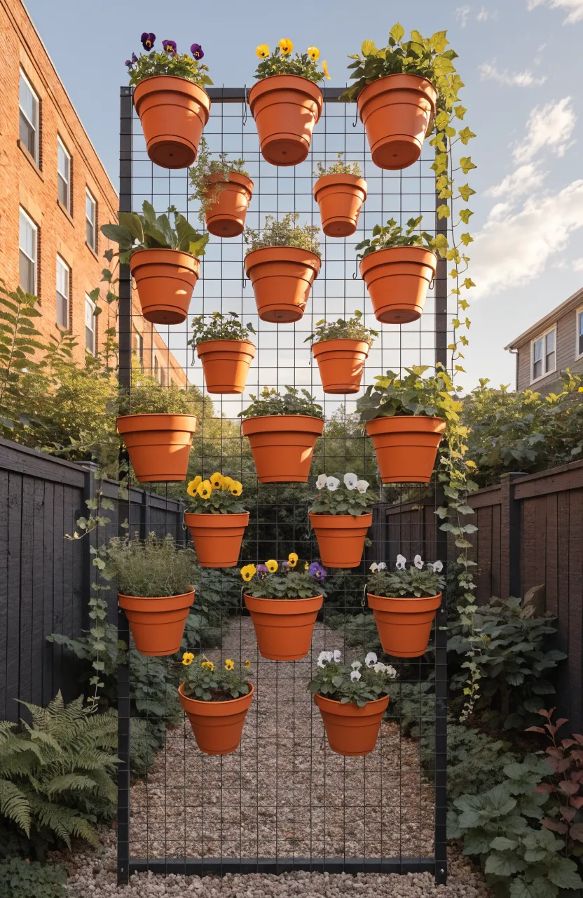 A black wire mesh grid on a dark fence holding various terracotta pots with S-hooks.