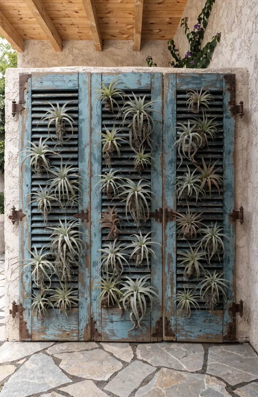 Vintage teal wooden shutters mounted on a wall with air plants tucked into the slats.