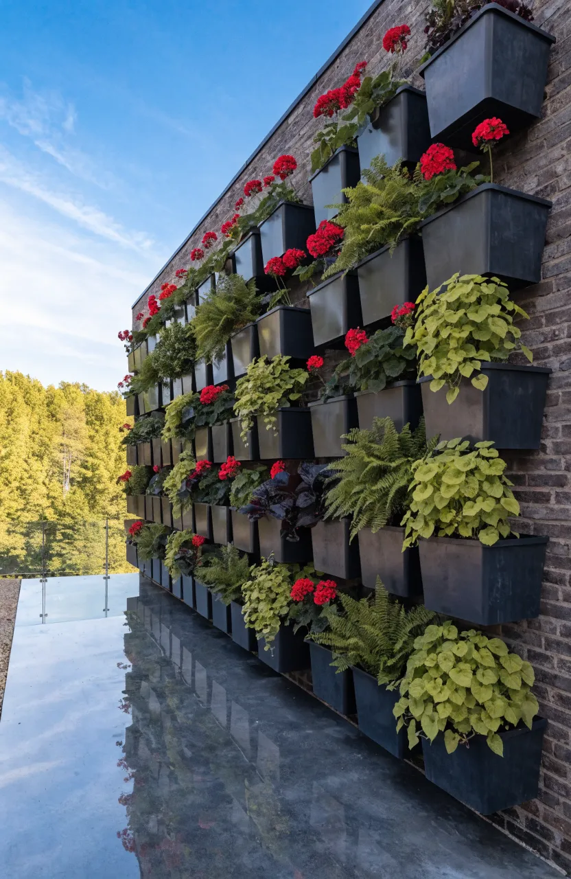 A lush vertical garden made of modular black plastic pots on a modern dark brick wall.