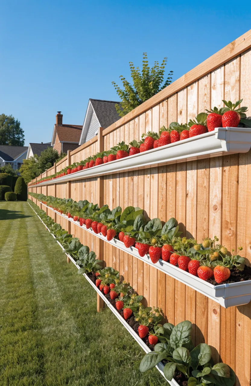 White rain gutters used as planters mounted in rows on a wooden backyard fence.