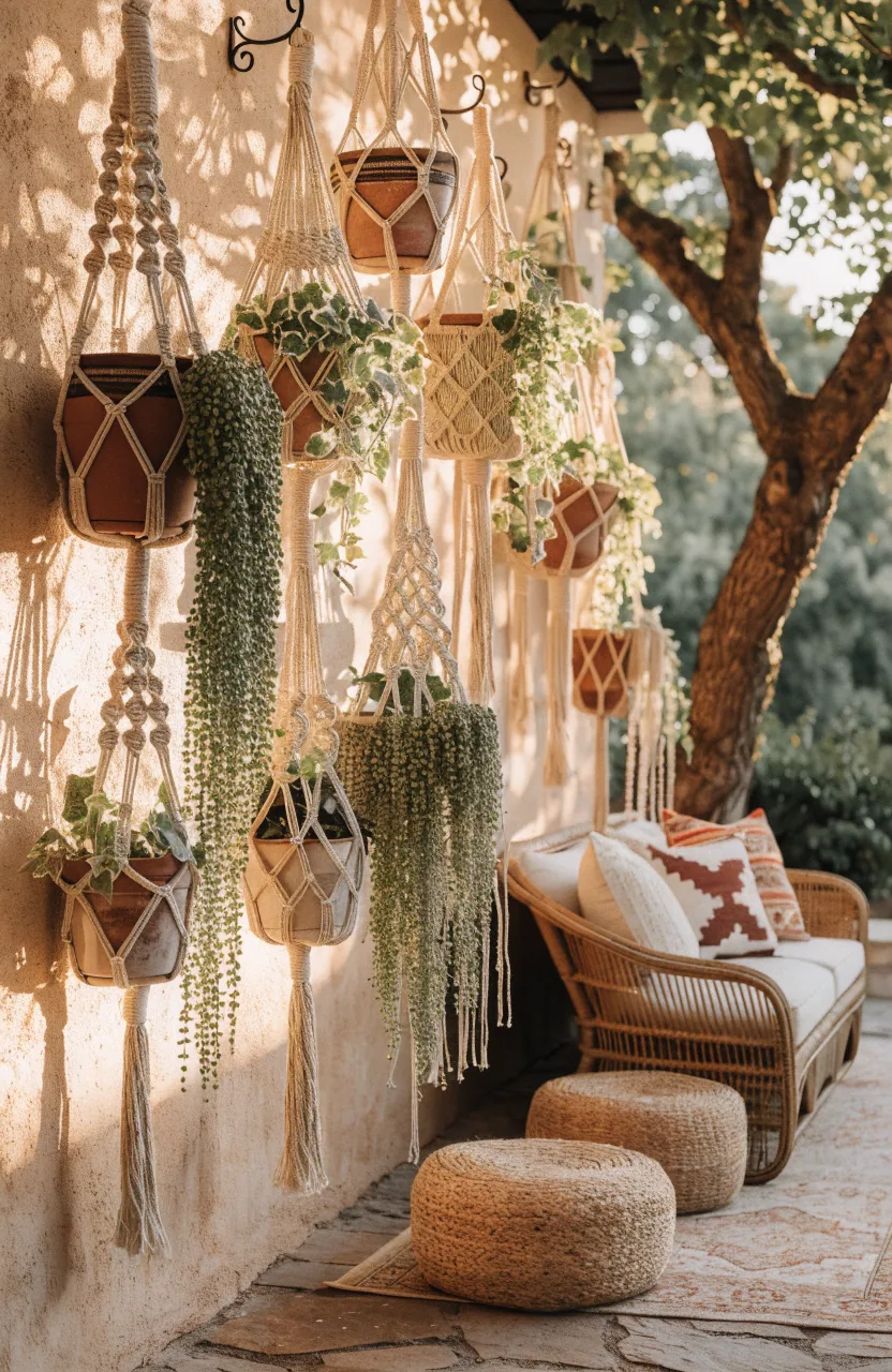 Cream macrame plant hangers with trailing vines hanging from hooks on a beige patio wall.