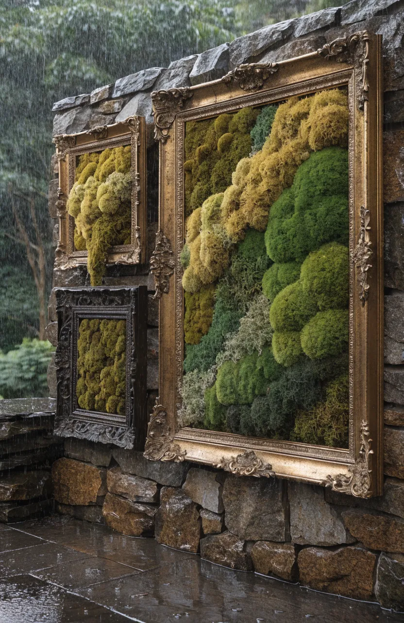 Ornate picture frames filled with different types of green moss hanging on a stone patio wall.
