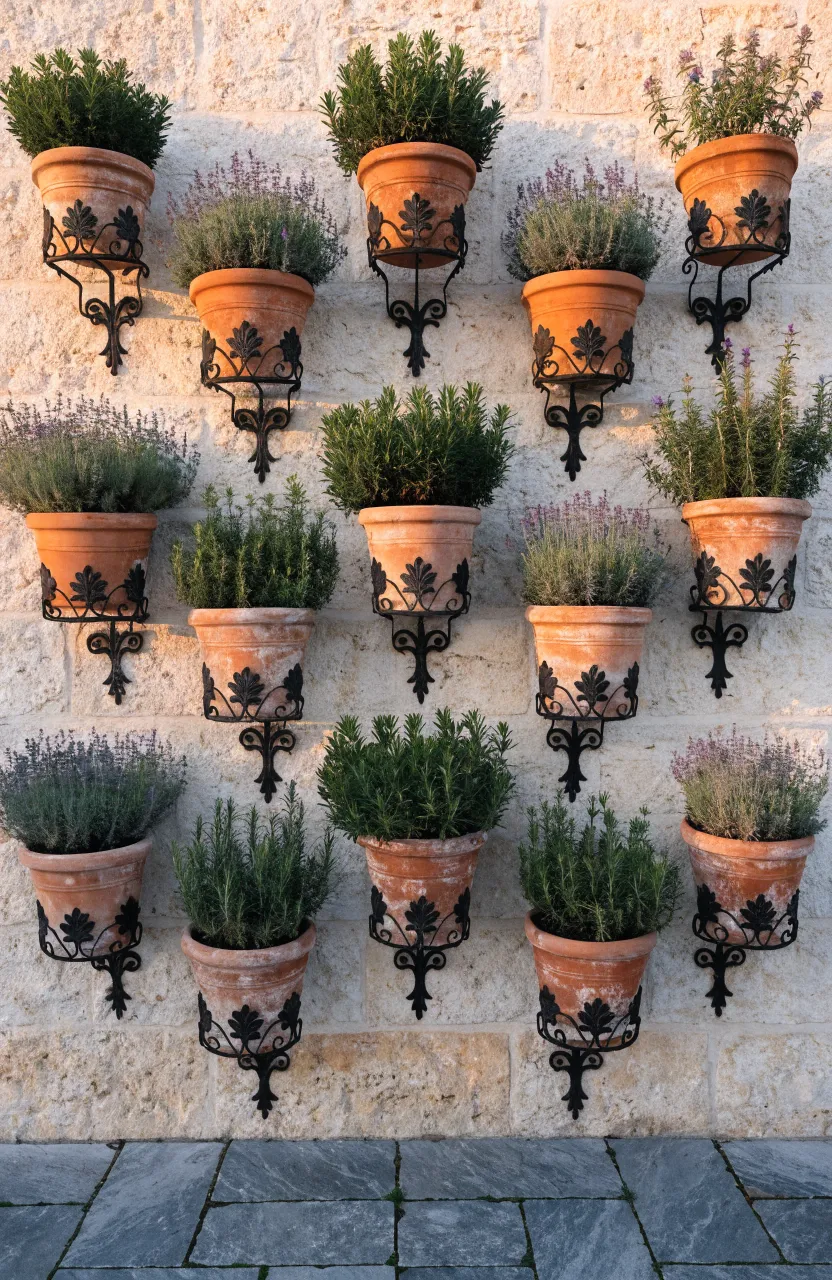 A symmetrical grid of terracotta pots on black iron brackets mounted on a stone patio wall.