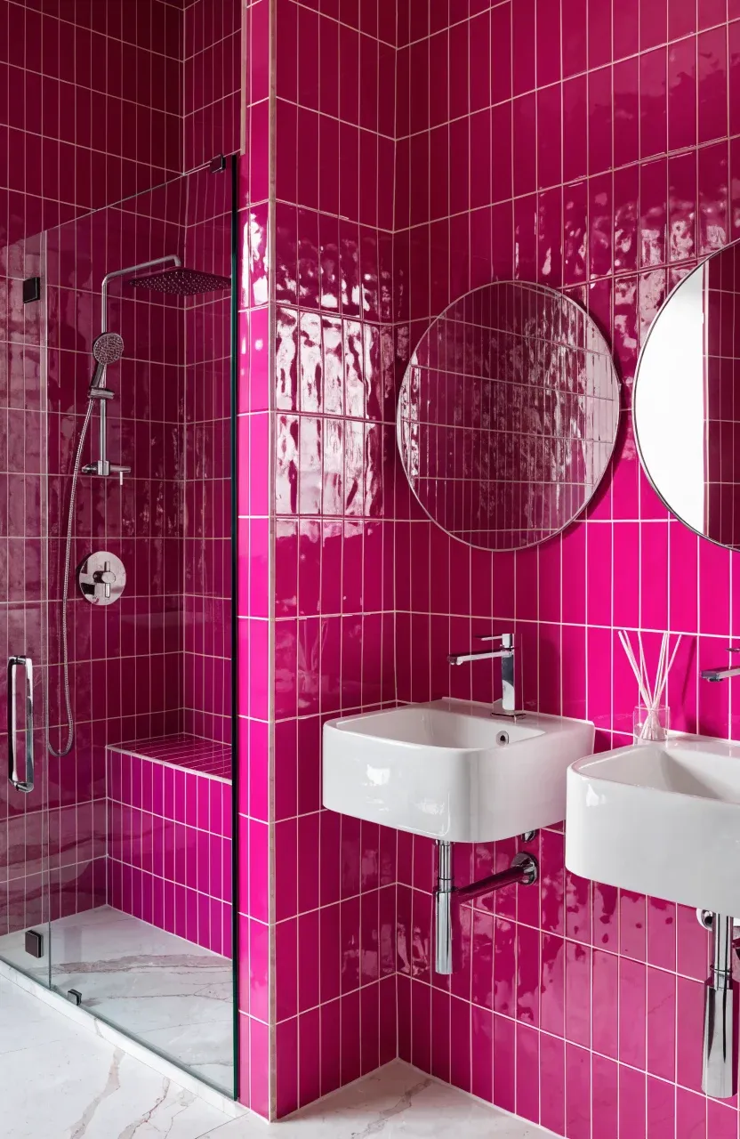 Modern bathroom with vertical fuchsia subway tiles and white grout in a bright shower area.