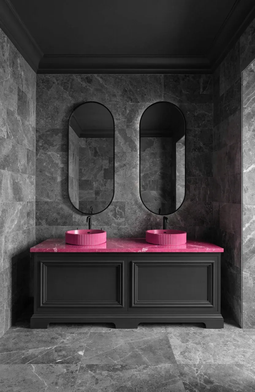 A matte black bathroom vanity with a vibrant hot pink quartz countertop and black fixtures.