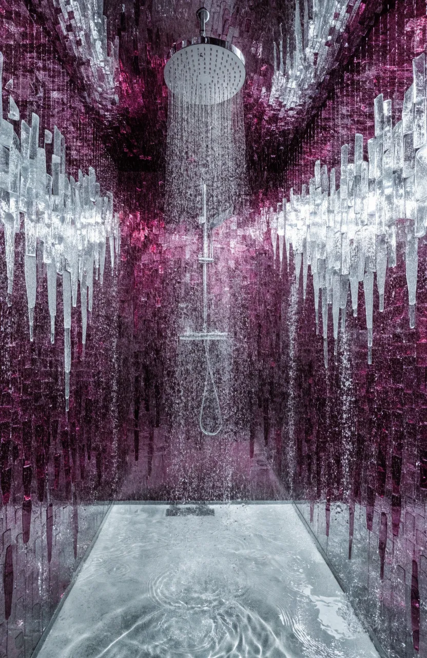 Floor-to-ceiling magenta glass mosaic tiles in a modern walk-in shower with glass doors.