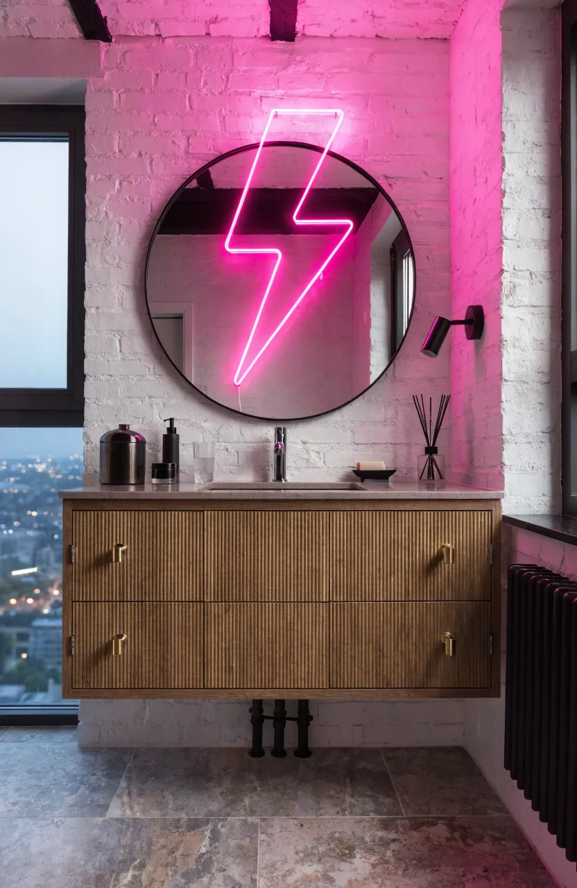 A glowing neon pink light sign mounted above a bathroom mirror in a modern setting.