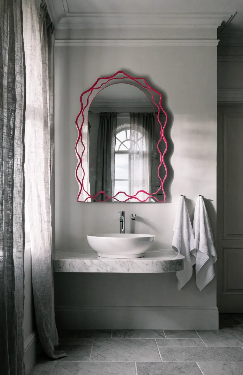A large arched bathroom mirror featuring a thin, vibrant hot pink painted edge.