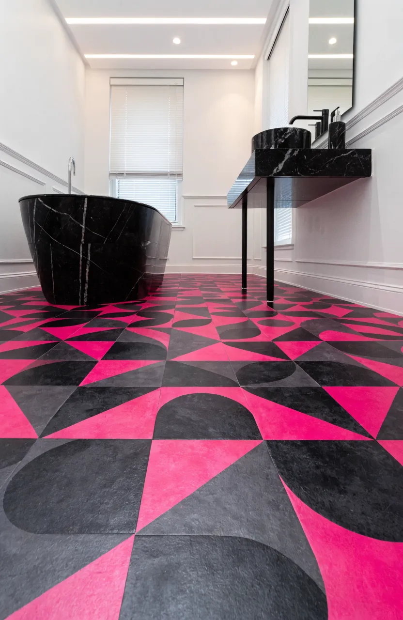 A bathroom floor covered in black and hot pink geometric patterned tiles.