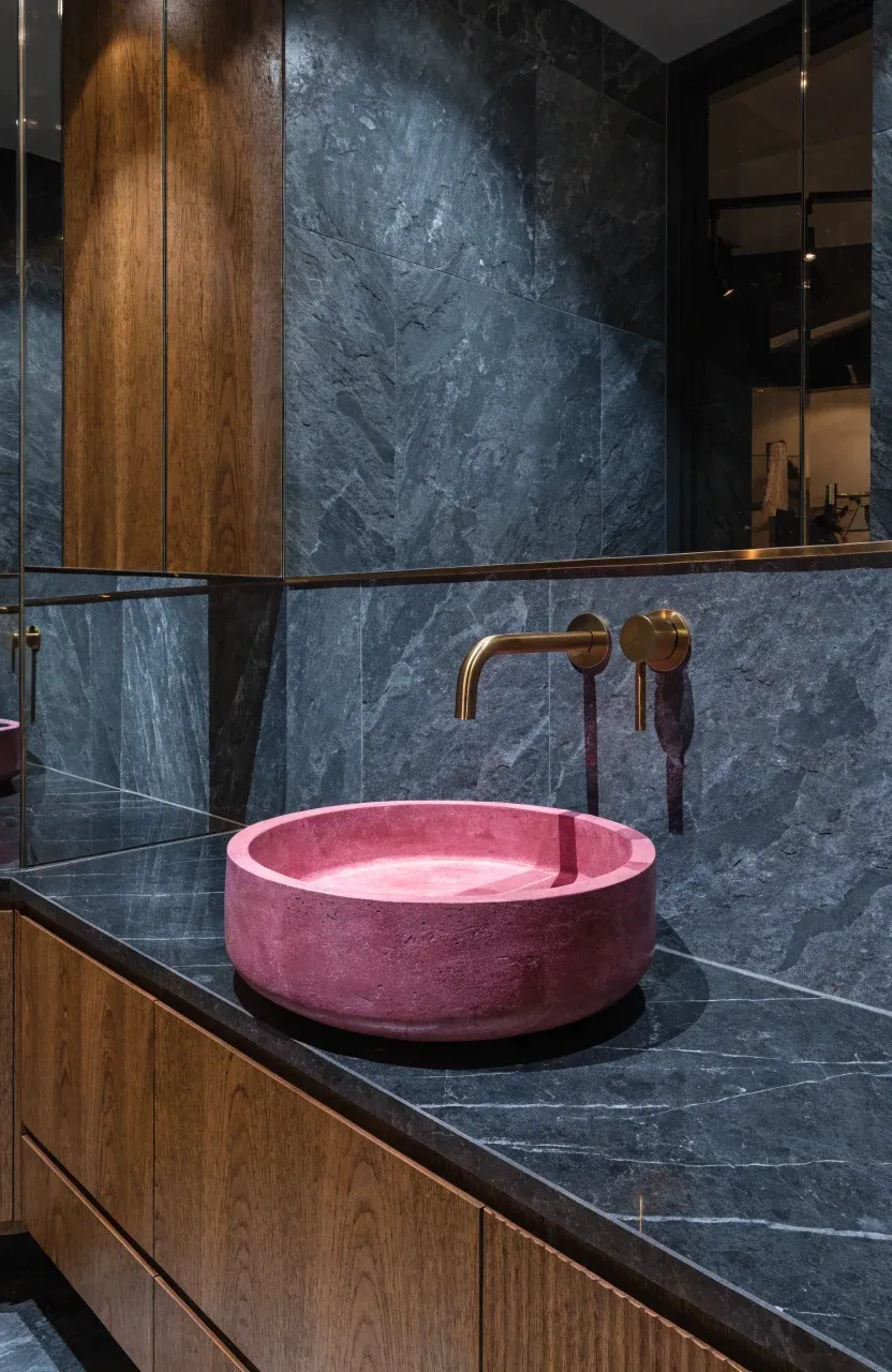 A matte dark pink sink with a luxury brushed gold faucet in a modern bathroom.