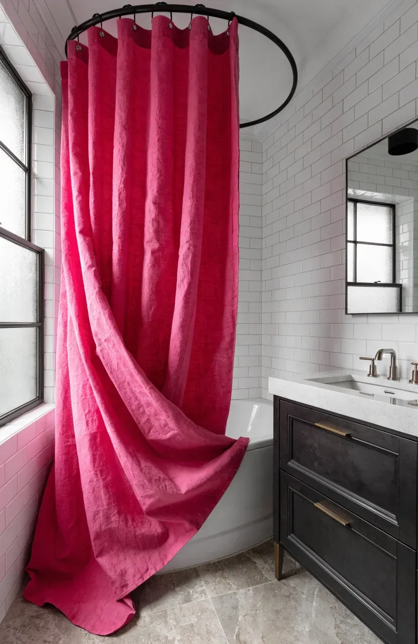 A thick hot pink cotton shower curtain with black rings in a modern white tiled bathroom.